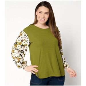 Peace Love World Top Green Sz L‎ Boho Mixed Media Floral Long Floral Sleeves